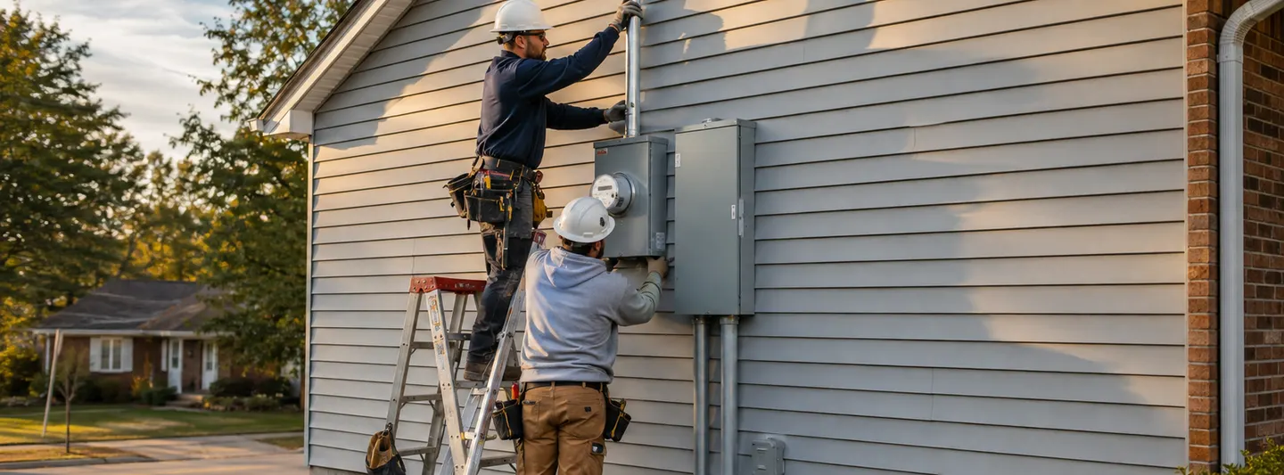 Electricians upgrading a residential 200 amp electrical service and exterior meter equipment