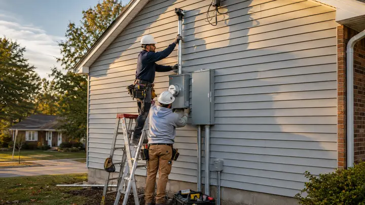 Electricians upgrading a residential 200 amp electrical service and exterior meter equipment
