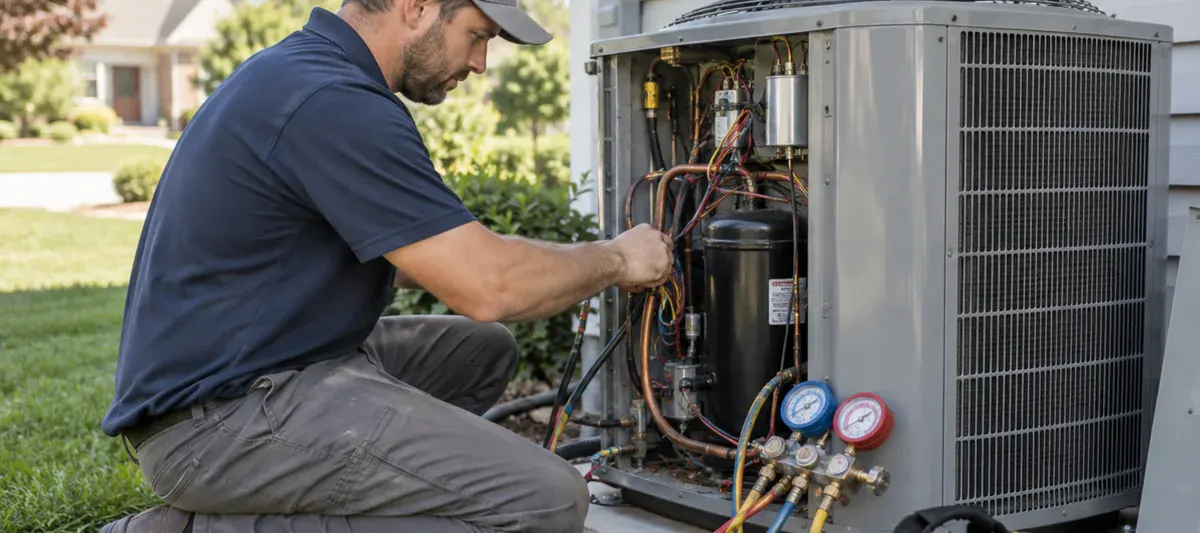 HVAC technician servicing the compressor inside an outdoor residential air conditioning condenser