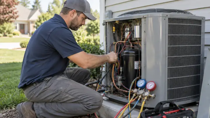 HVAC technician servicing the compressor inside an outdoor residential air conditioning condenser