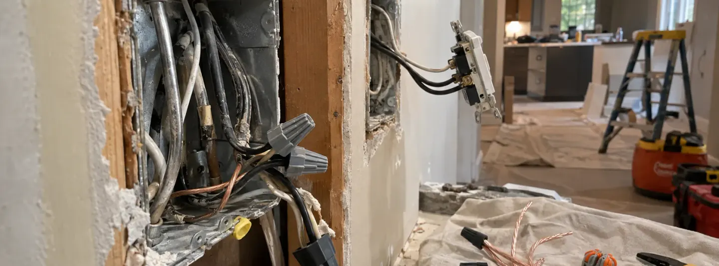 Exposed residential electrical boxes and branch wiring during aluminum wiring repair and connection remediation