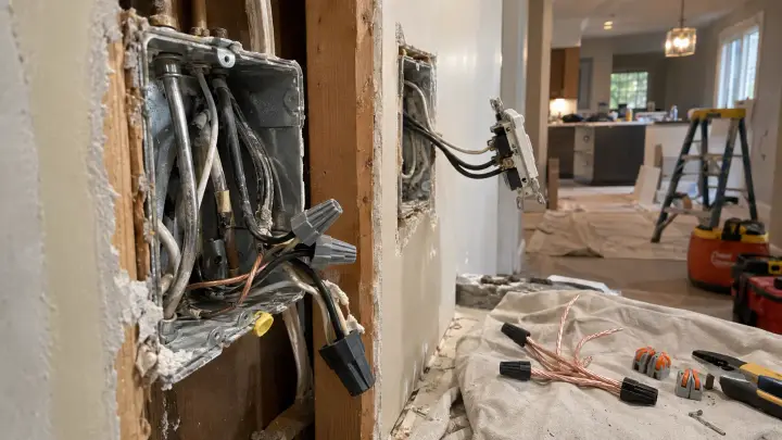 Exposed residential electrical boxes and branch wiring during aluminum wiring repair and connection remediation