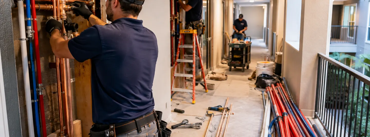 Plumbers installing new copper and PEX water lines during an apartment building repipe