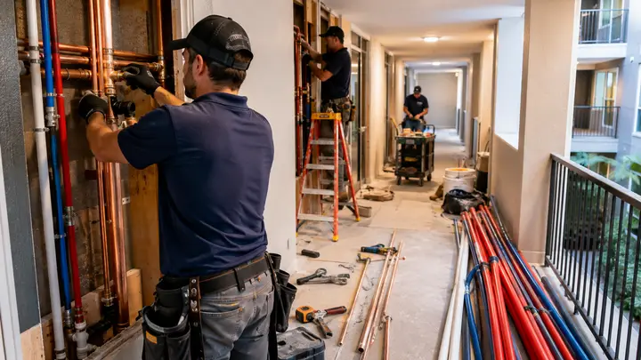 Plumbers installing new copper and PEX water lines during an apartment building repipe
