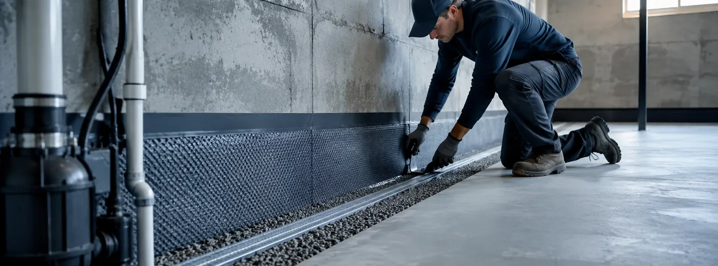 Basement waterproofing work with drainage and moisture control systems