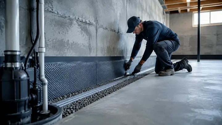 Basement waterproofing work with drainage and moisture control systems
