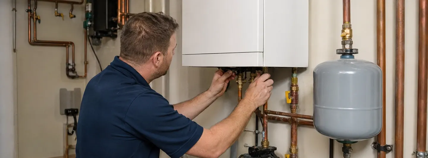 HVAC technician adjusting a wall-mounted boiler with copper hydronic piping and an expansion tank