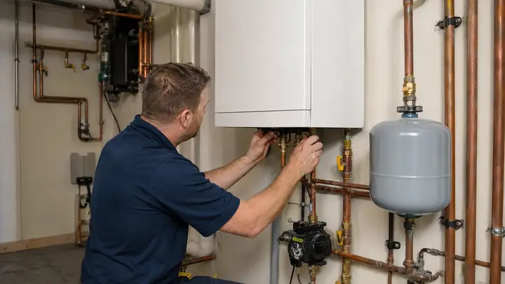 HVAC technician adjusting a wall-mounted boiler with copper hydronic piping and an expansion tank
