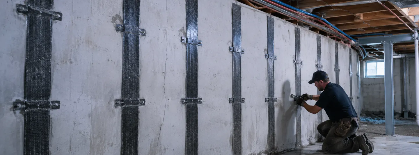 Bowed basement wall reinforced with structural bracing during foundation repair