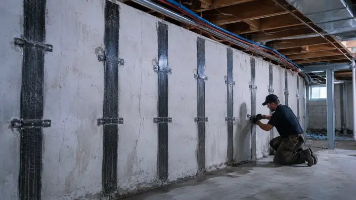Bowed basement wall reinforced with structural bracing during foundation repair