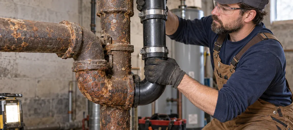 Plumber replacing an old cast iron drain pipe with PVC in a residential basement