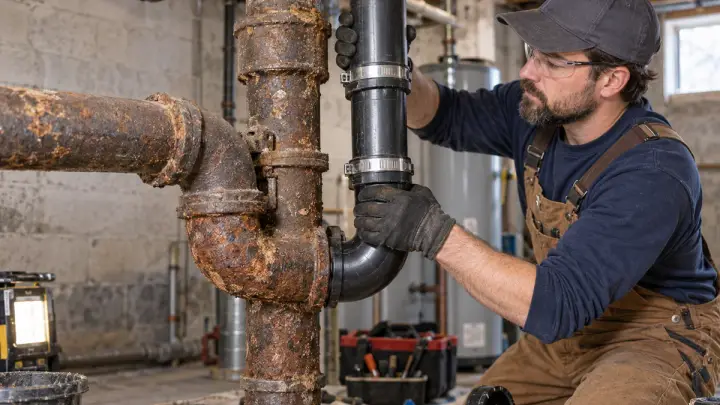 Plumber replacing an old cast iron drain pipe with PVC in a residential basement