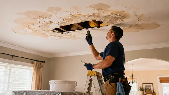 Contractor inspecting and repairing extensive water damage in a residential ceiling