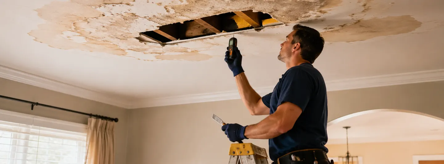 Contractor inspecting and repairing extensive water damage in a residential ceiling
