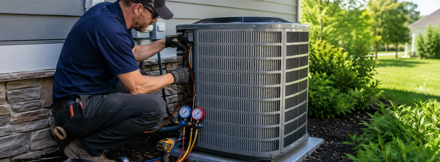 HVAC technician installing a new residential central air conditioning condenser beside a house