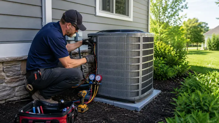 HVAC technician installing a new residential central air conditioning condenser beside a house