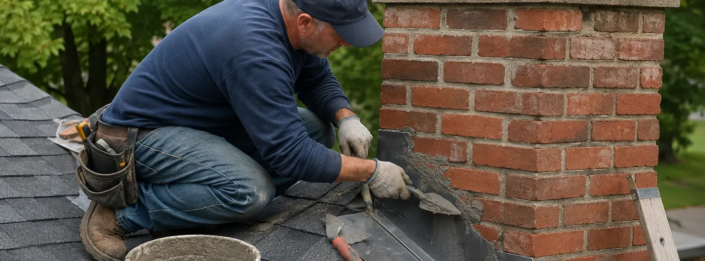 Masonry contractor repairing chimney mortar and flashing on an asphalt-shingle residential roof