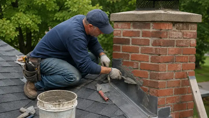 Masonry contractor repairing chimney mortar and flashing on an asphalt-shingle residential roof