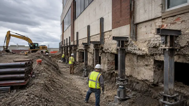 Commercial foundation underpinning project with deep structural supports beside a large building