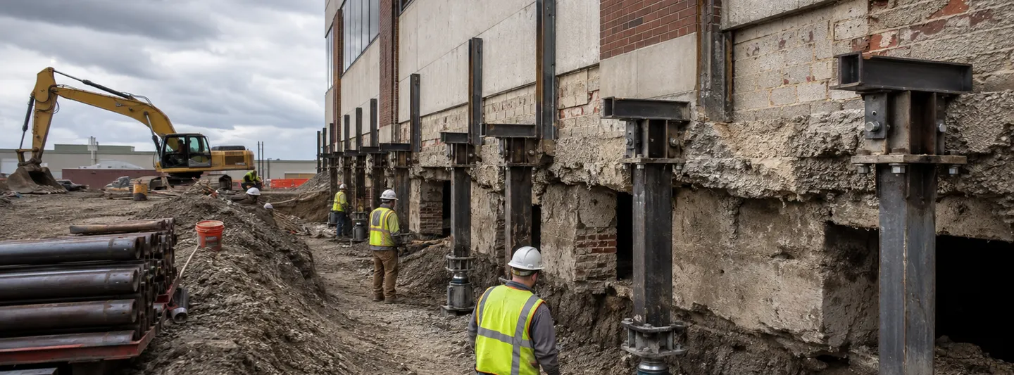 Commercial foundation underpinning project with deep structural supports beside a large building