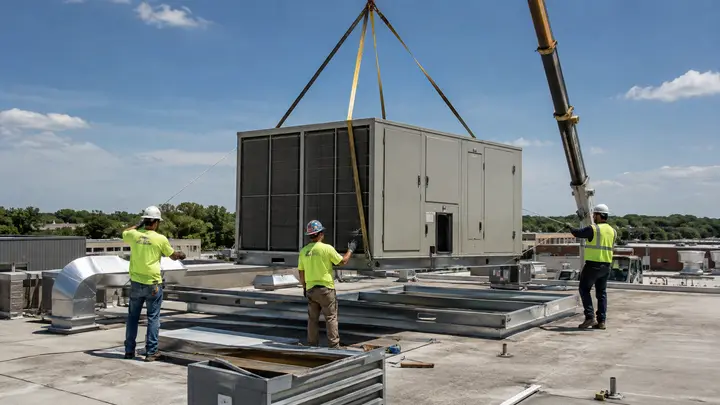Commercial HVAC crew using a crane to install a large rooftop HVAC unit