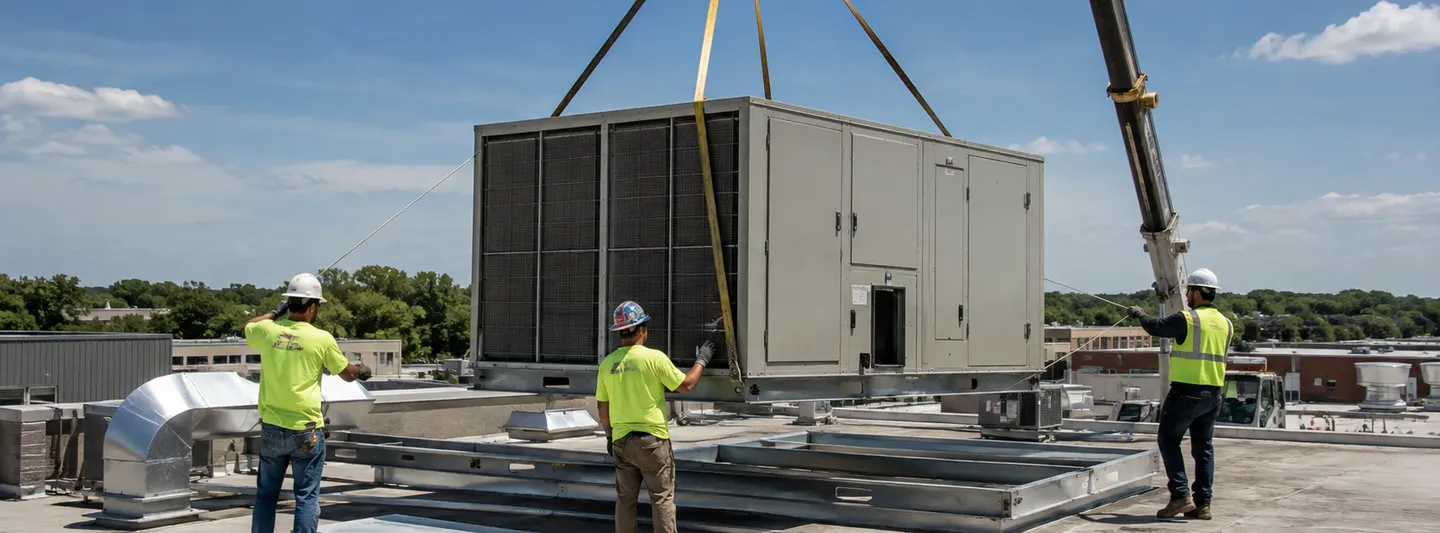 Commercial HVAC crew using a crane to install a large rooftop HVAC unit