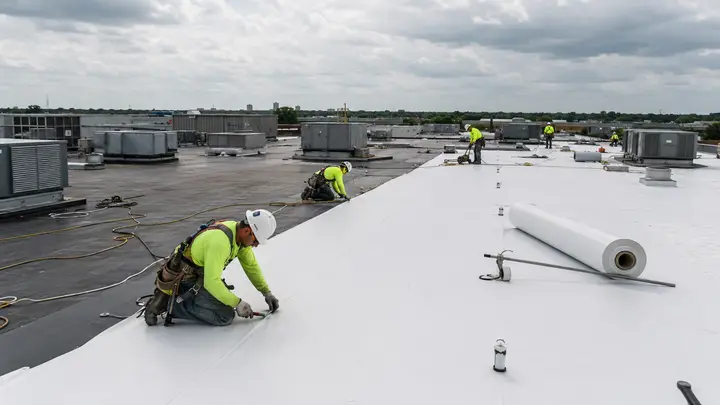 Commercial roofing crew installing a white membrane roof system on a large low-slope building