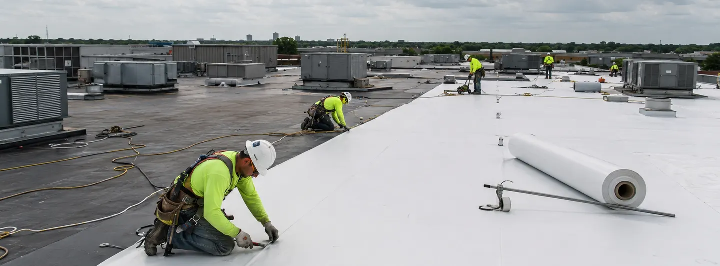 Commercial roofing crew installing a white membrane roof system on a large low-slope building