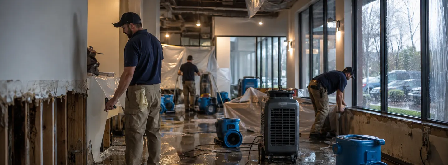Commercial water damage restoration crew drying a flooded business interior with professional equipment