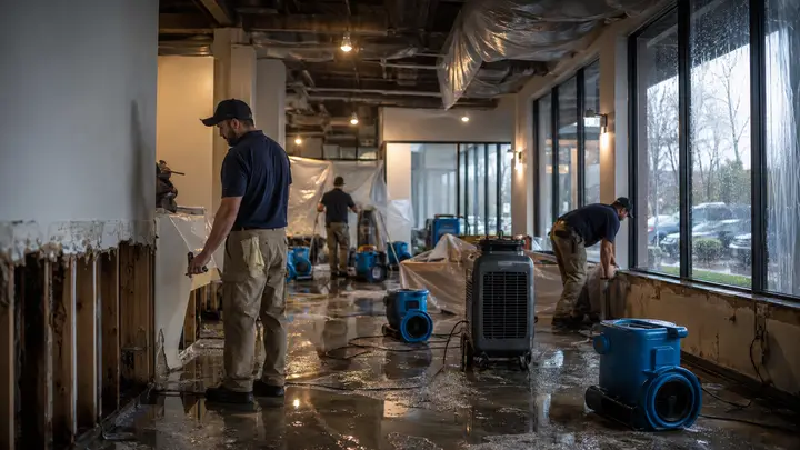 Commercial water damage restoration crew drying a flooded business interior with professional equipment