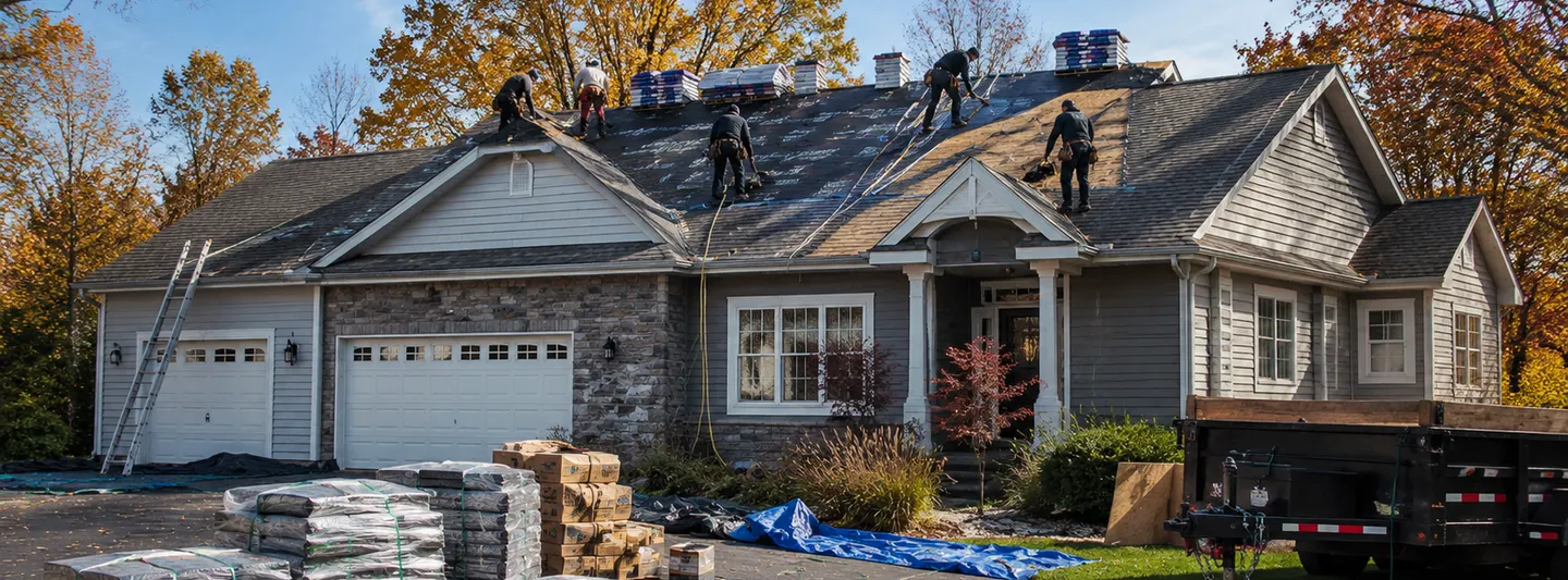 Roofing crew replacing the roof of a medium-size American house during autumn