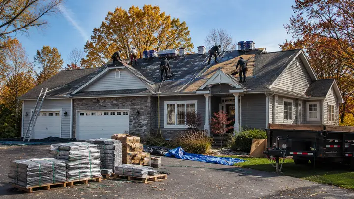 Roofing crew replacing the roof of a medium-size American house during autumn