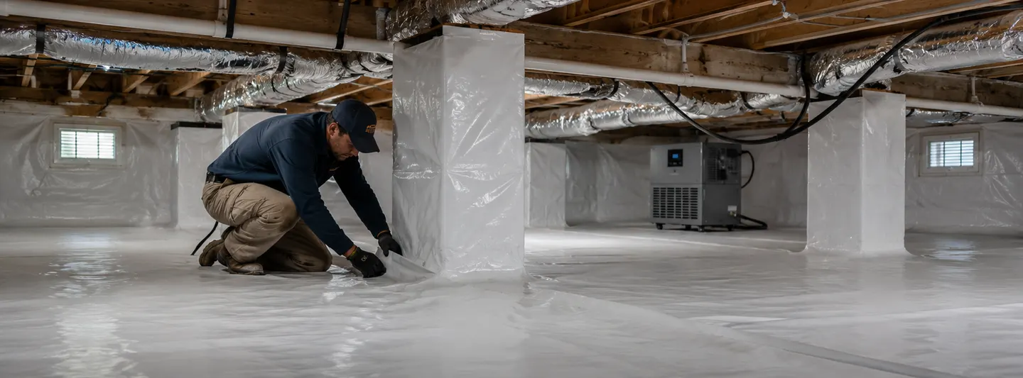 Contractor installing a sealed white vapor barrier during crawl space encapsulation