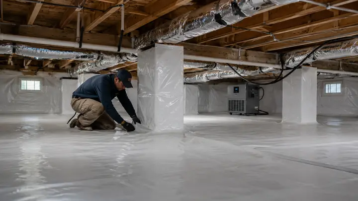 Contractor installing a sealed white vapor barrier during crawl space encapsulation