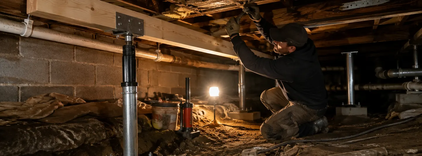 Worker repairing damaged floor framing and structural supports inside a residential crawl space