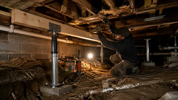Worker repairing damaged floor framing and structural supports inside a residential crawl space