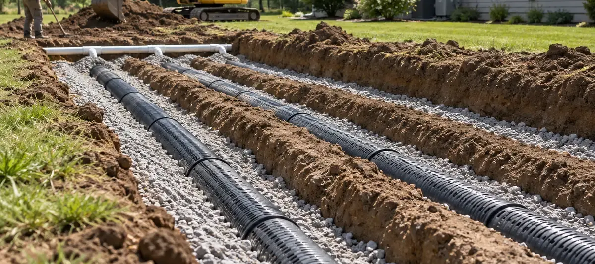 Residential drain field installation with excavated trenches, gravel and perforated distribution pipes