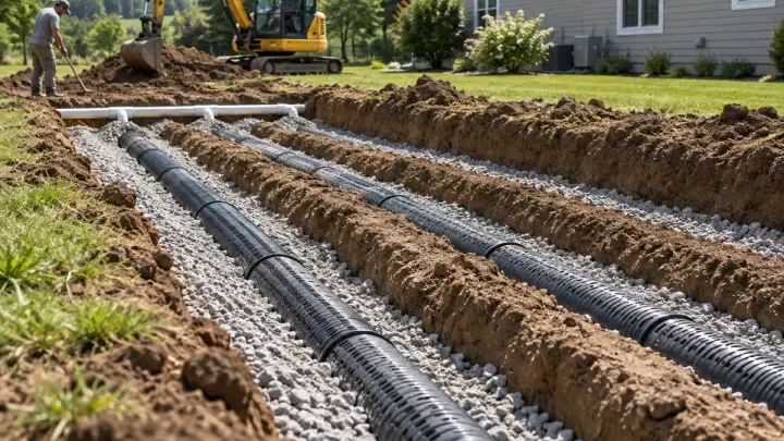 Residential drain field installation with excavated trenches, gravel and perforated distribution pipes