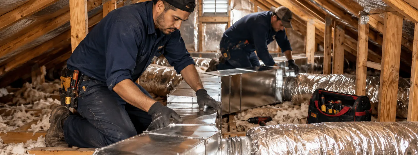 HVAC technicians replacing metal and flexible ductwork inside a residential attic