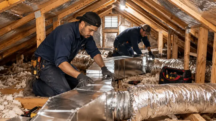 HVAC technicians replacing metal and flexible ductwork inside a residential attic
