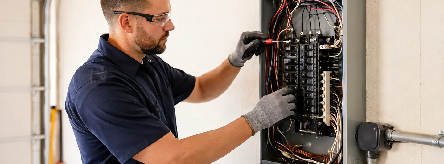 Licensed electrician upgrading an open residential electrical breaker panel