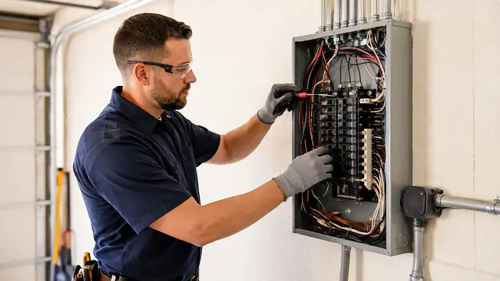 Licensed electrician upgrading an open residential electrical breaker panel