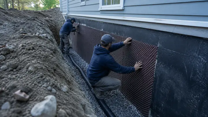Exterior basement waterproofing with exposed foundation wall membrane and drainage installation