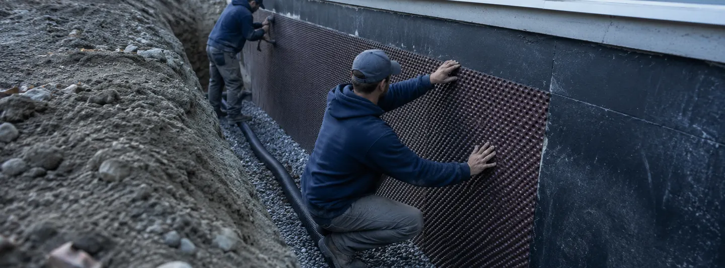 Exterior basement waterproofing with exposed foundation wall membrane and drainage installation