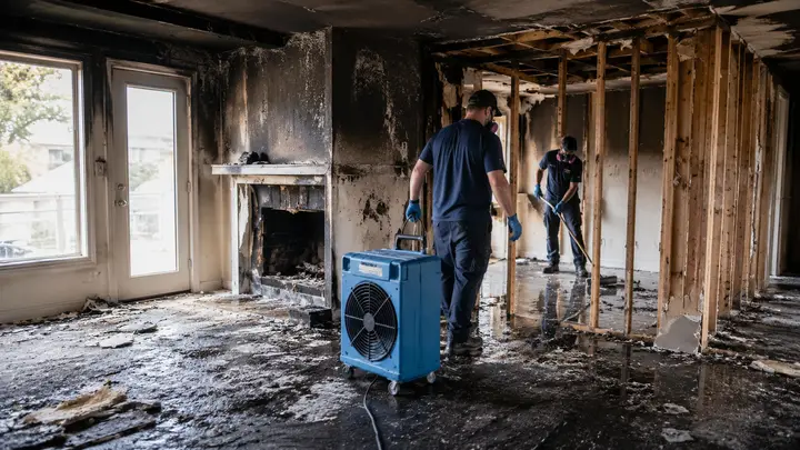 Fire damage restoration crew working inside a smoke-damaged and partially demolished home