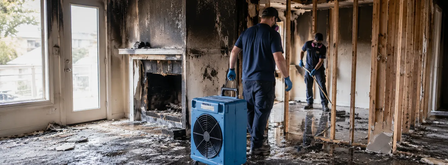 Fire damage restoration crew working inside a smoke-damaged and partially demolished home