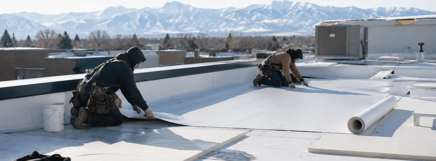 Roofing contractors installing a white membrane system on a flat roof in cold weather