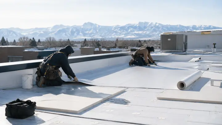Roofing contractors installing a white membrane system on a flat roof in cold weather