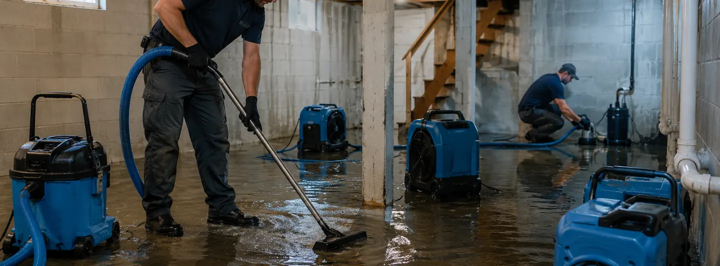 Restoration crew extracting standing water from a flooded basement with professional drying equipment