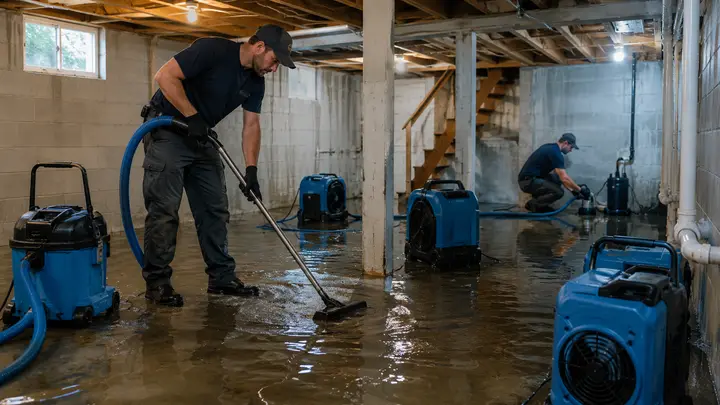 Restoration crew extracting standing water from a flooded basement with professional drying equipment